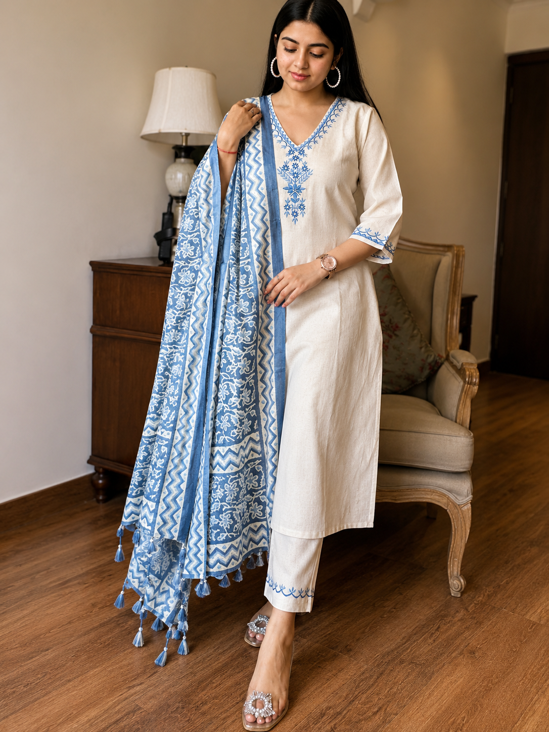 Ivory Blue Embroidered Kurta Pant Set with Printed Dupatta