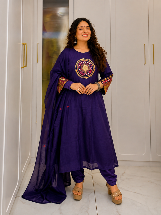 Royal Purple Embroidered Kurta Pant Set with Matching Dupatta