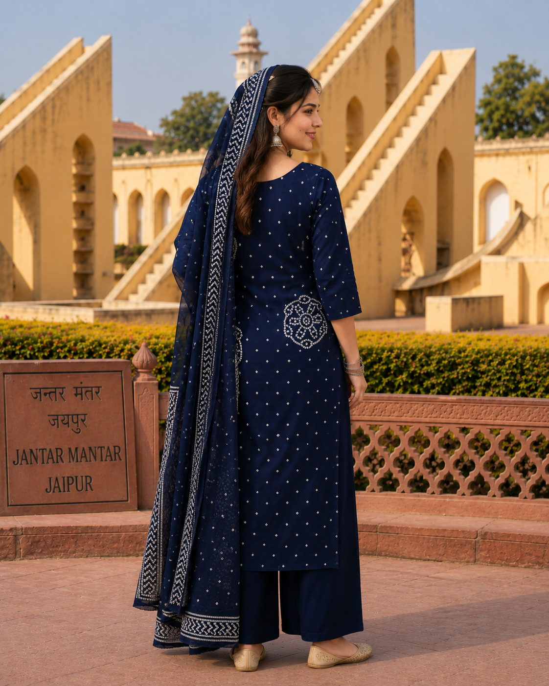 Ethnic Blue Bandhani Inspired Kurta Set for Women with Dupatta
