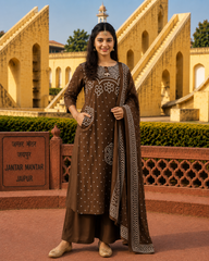 Ethnic Brown Bandhani Inspired Kurta Set for Women with Dupatta