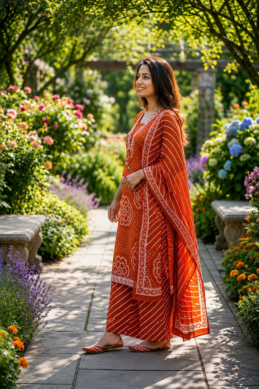 Rust Orange Printed Muslin Kurta and Pant Set with Dupatta