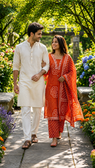 Rust Orange Printed Muslin Kurta and Pant Set with Dupatta