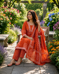 Rust Orange Printed Muslin Kurta and Pant Set with Dupatta