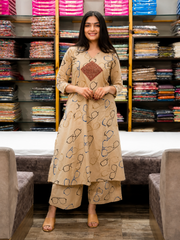Beige Abstract Print Cotton Kurta Palazzo Set for Women