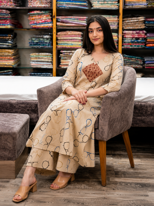 Beige Abstract Print Cotton Kurta Palazzo Set for Women