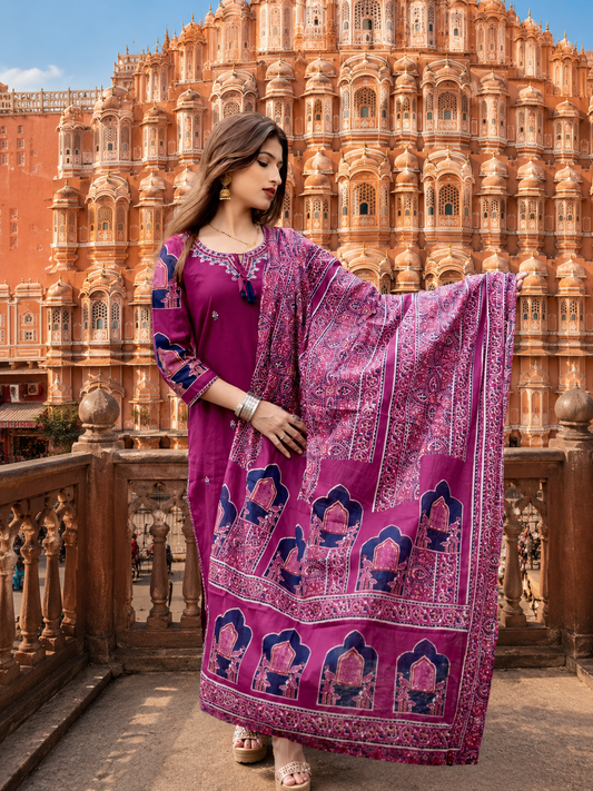 Wine Embroidered Cotton Kurta Set with Printed Dupatta for Women