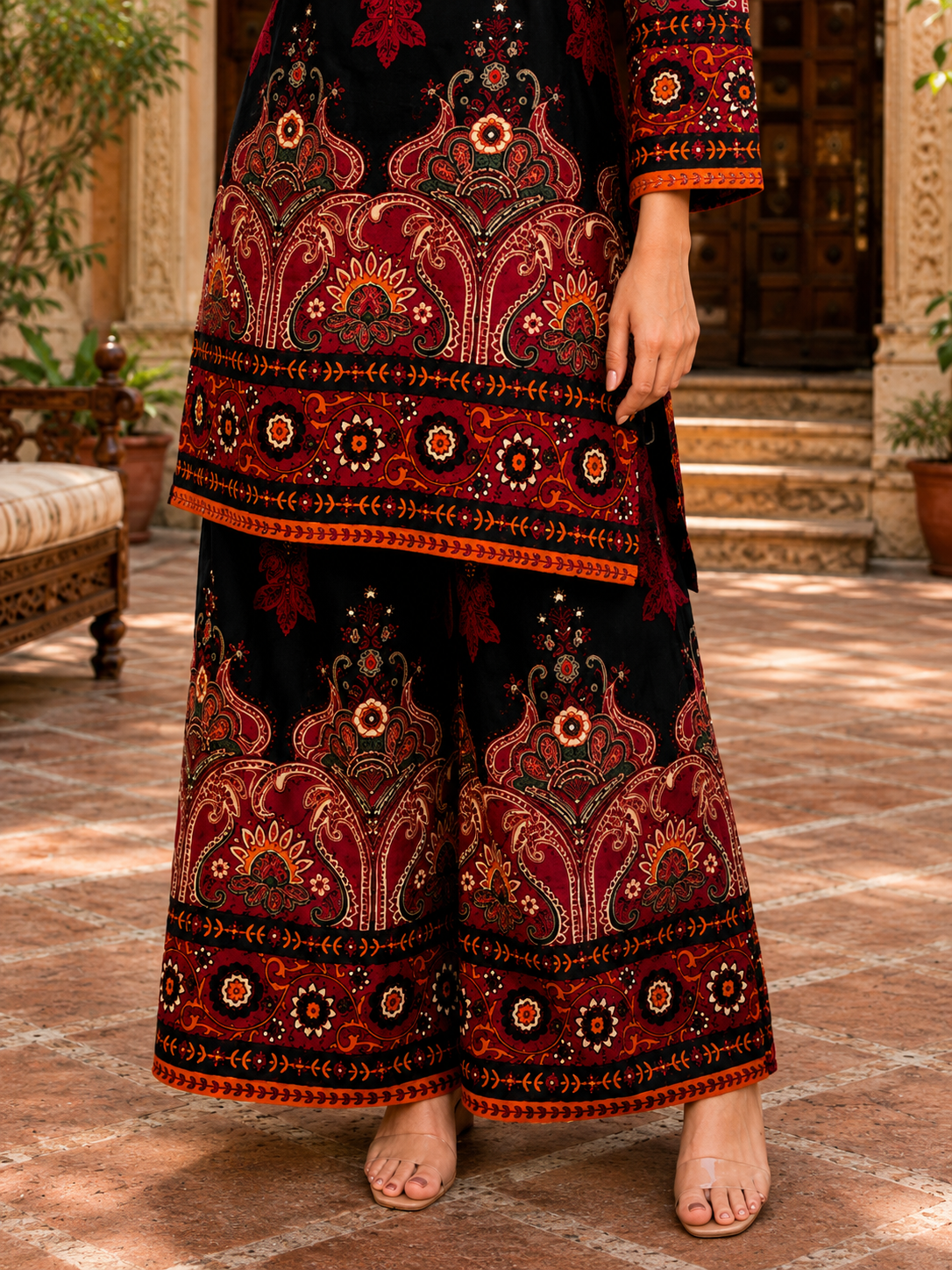 Royal Maroon Printed Kurta Palazzo Set