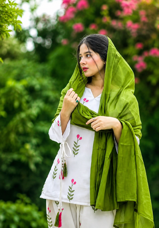 White Floral Print Kurta Pant Set with Olive Green Dupatta