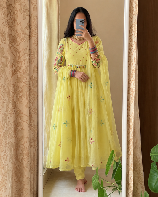 Lemon Yellow Embroidered Anarkali Kurta Set with Dupatta