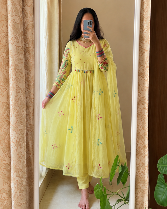 Lemon Yellow Embroidered Anarkali Kurta Set with Dupatta