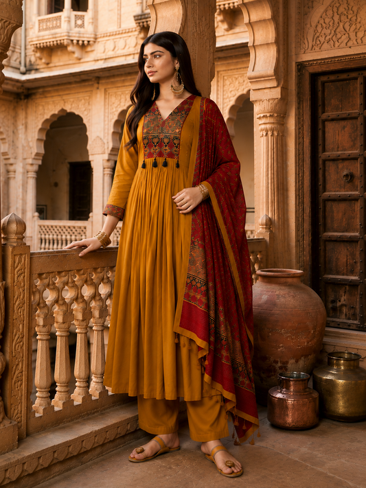 Mustard Yellow Embroidered Anarkali Kurta Set with Maroon Printed Dupatta