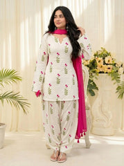 Graceful White Floral Cotton Suit Set with Pink Dupatta