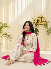 Graceful White Floral Cotton Suit Set with Pink Dupatta