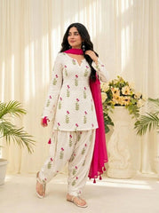 Graceful White Floral Cotton Suit Set with Pink Dupatta
