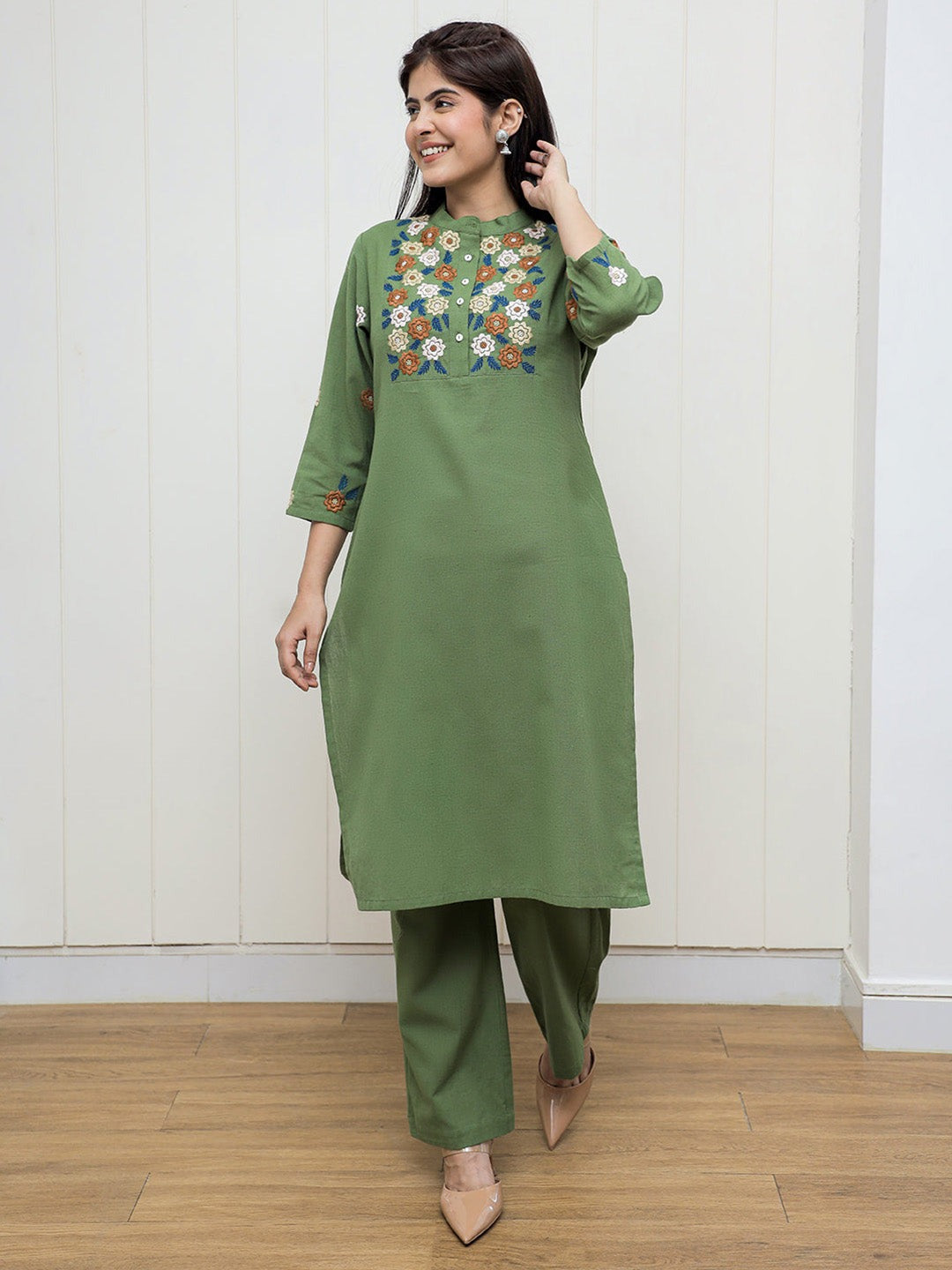 Green Embroidered Cotton Flex Kurta and Pant Set