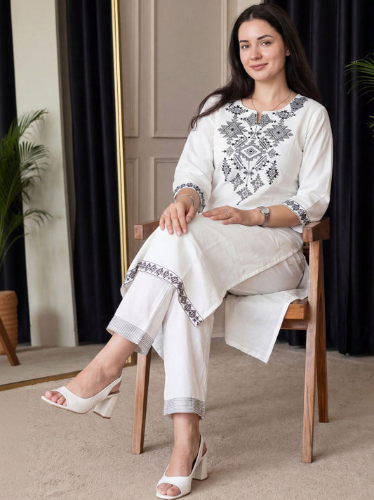 White Embroidered Cotton Flex Kurta and Pant Set