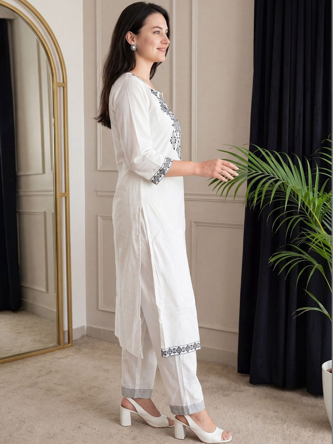 White Embroidered Cotton Flex Kurta and Pant Set