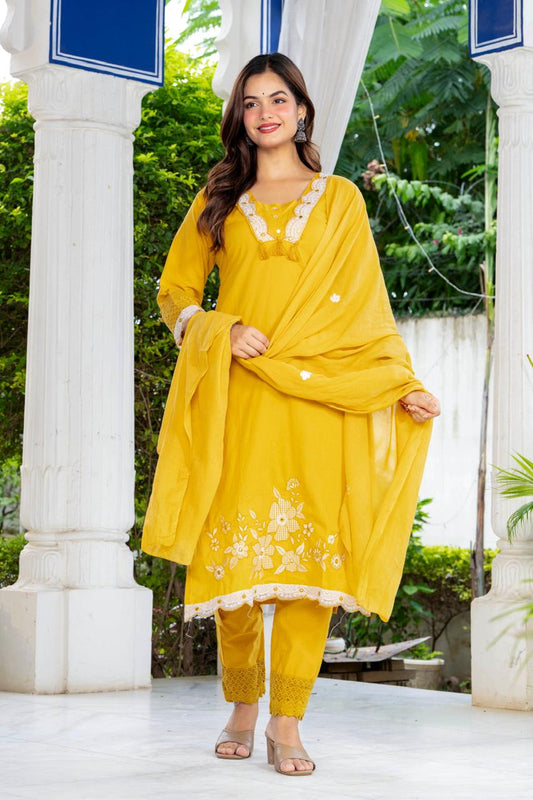 Aarohi Mustard Yellow Embroidered 3-Piece Kurta Set