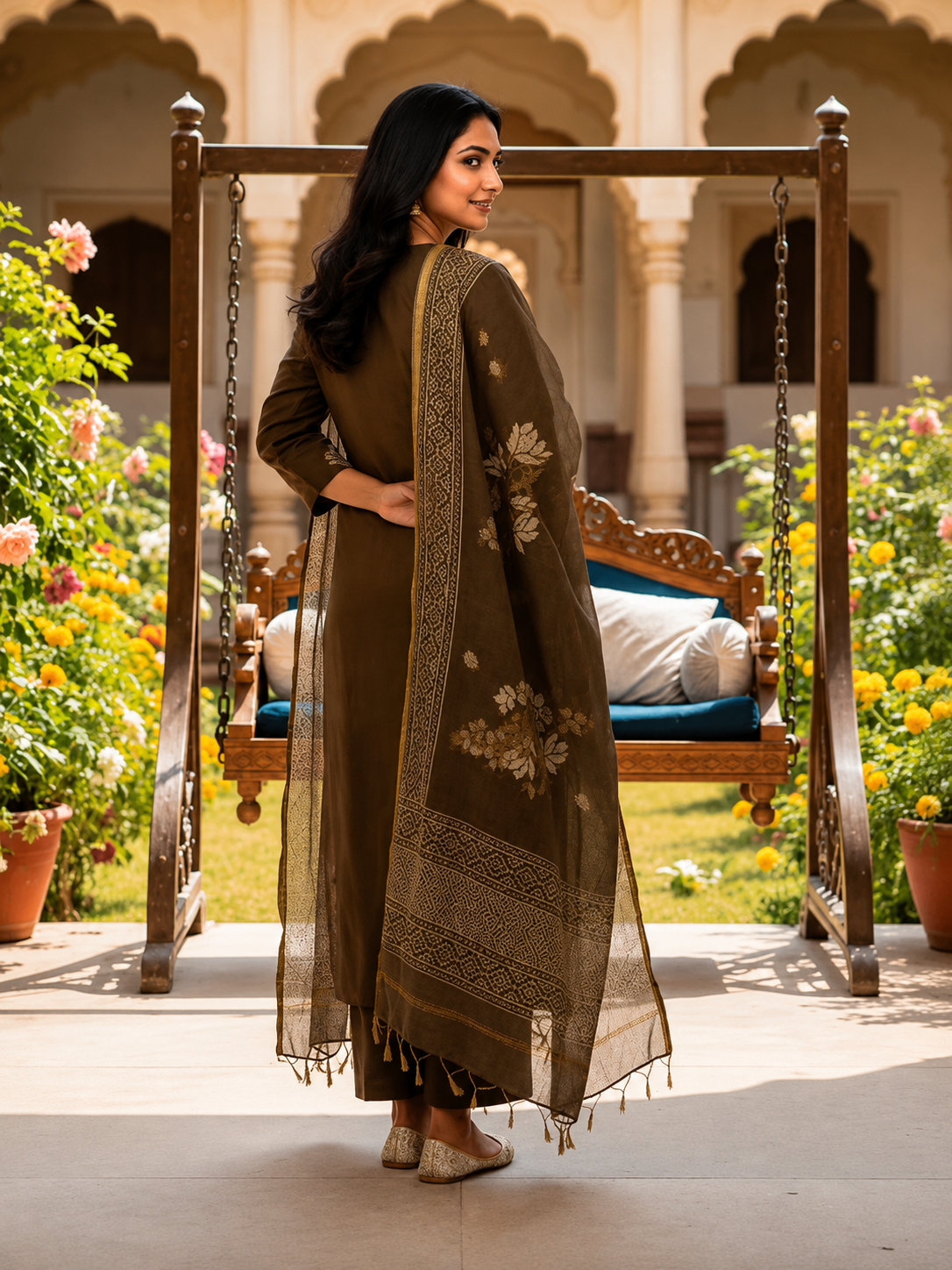 Coffee Brown Floral Print Kurta Pant Set with Printed Dupatta