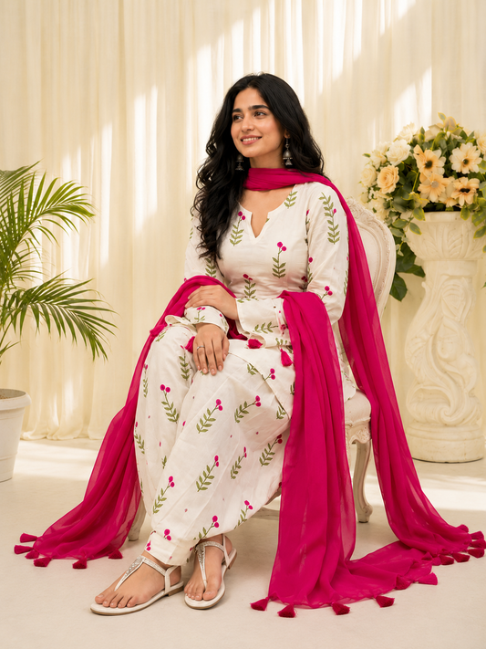 Ivory Pink Floral Printed Patiala Suit Set with Magenta Dupatta