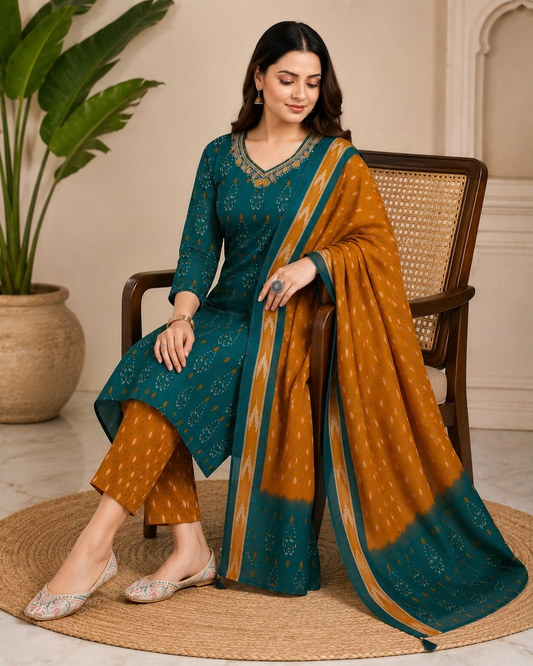 Teal Blue & Mustard Printed Kurta Pant Set with Dupatta