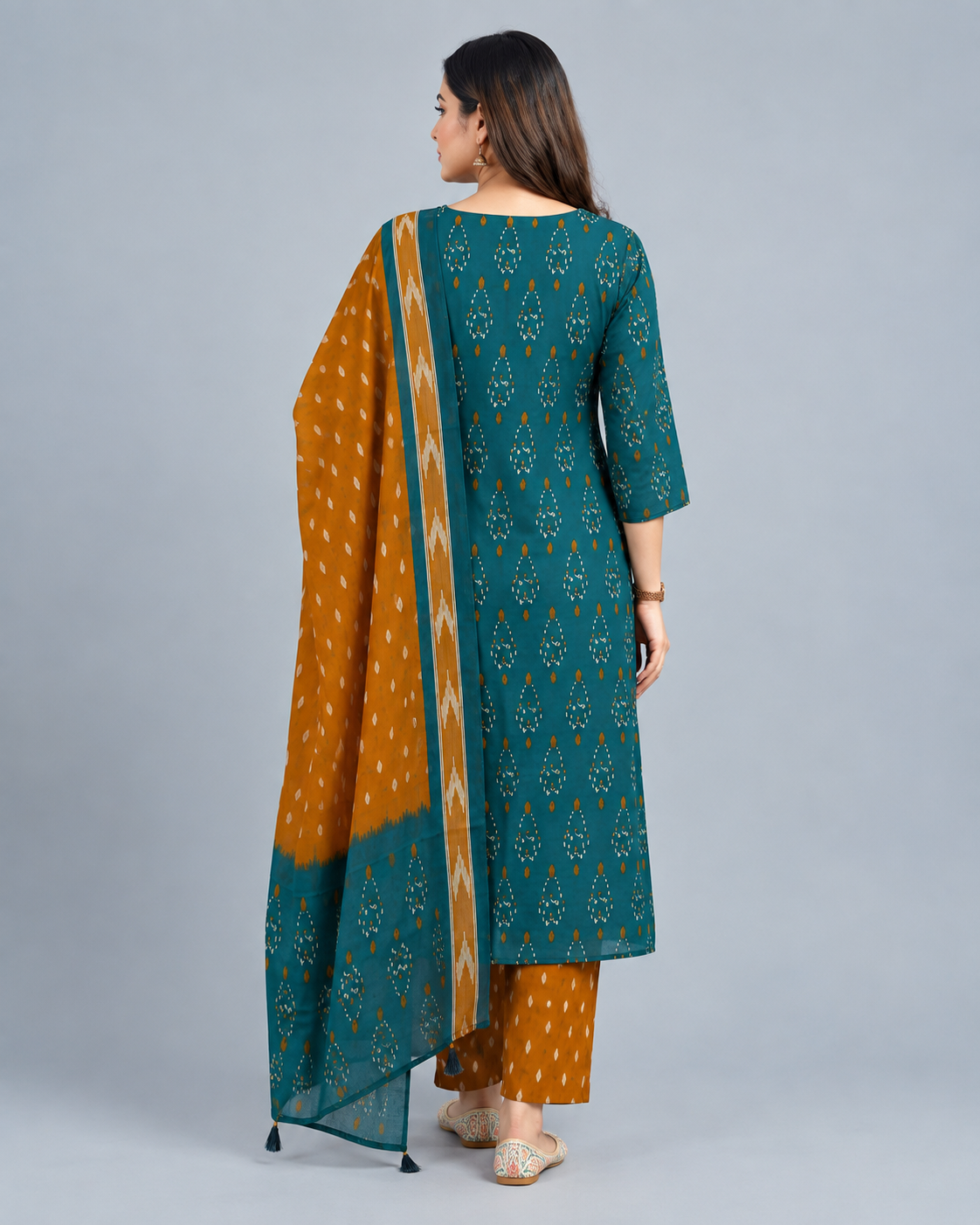 Teal Blue & Mustard Printed Kurta Pant Set with Dupatta