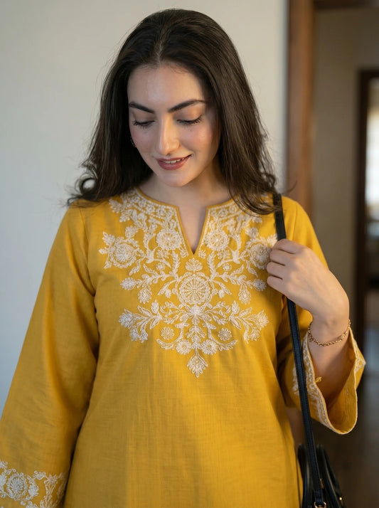 Mustard-Embroidered-Kurta-with-Straight-Pants