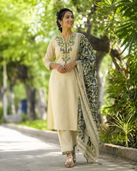 Ivory Botanical Embroidered Kurta Set with Printed Dupatta