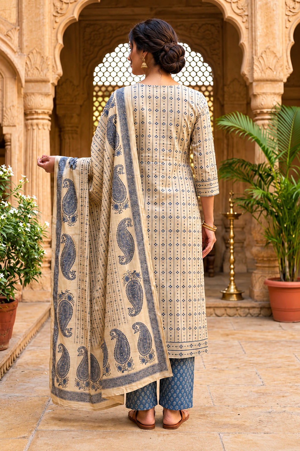 Beige &amp; Indigo Paisley Printed Ethnic Kurta Pant Dupatta Set