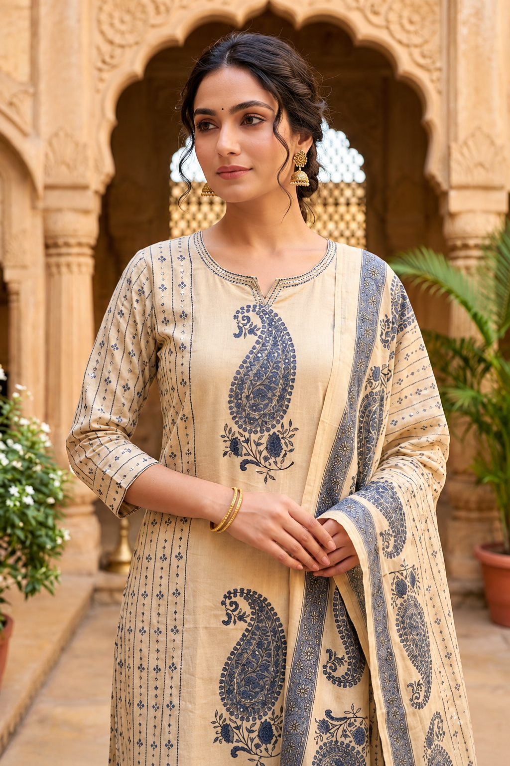 Beige &amp; Indigo Paisley Printed Ethnic Kurta Pant Dupatta Set