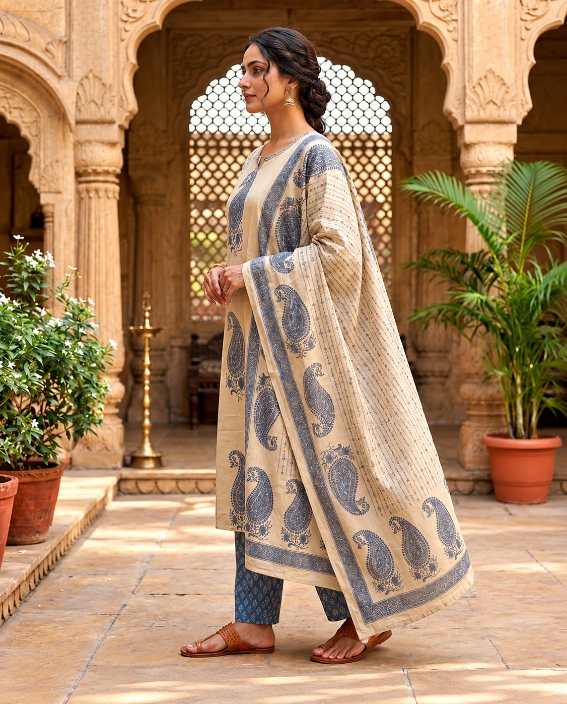 Beige &amp; Indigo Paisley Printed Ethnic Kurta Pant Dupatta Set