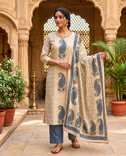 Beige &amp; Indigo Paisley Printed Ethnic Kurta Pant Dupatta Set