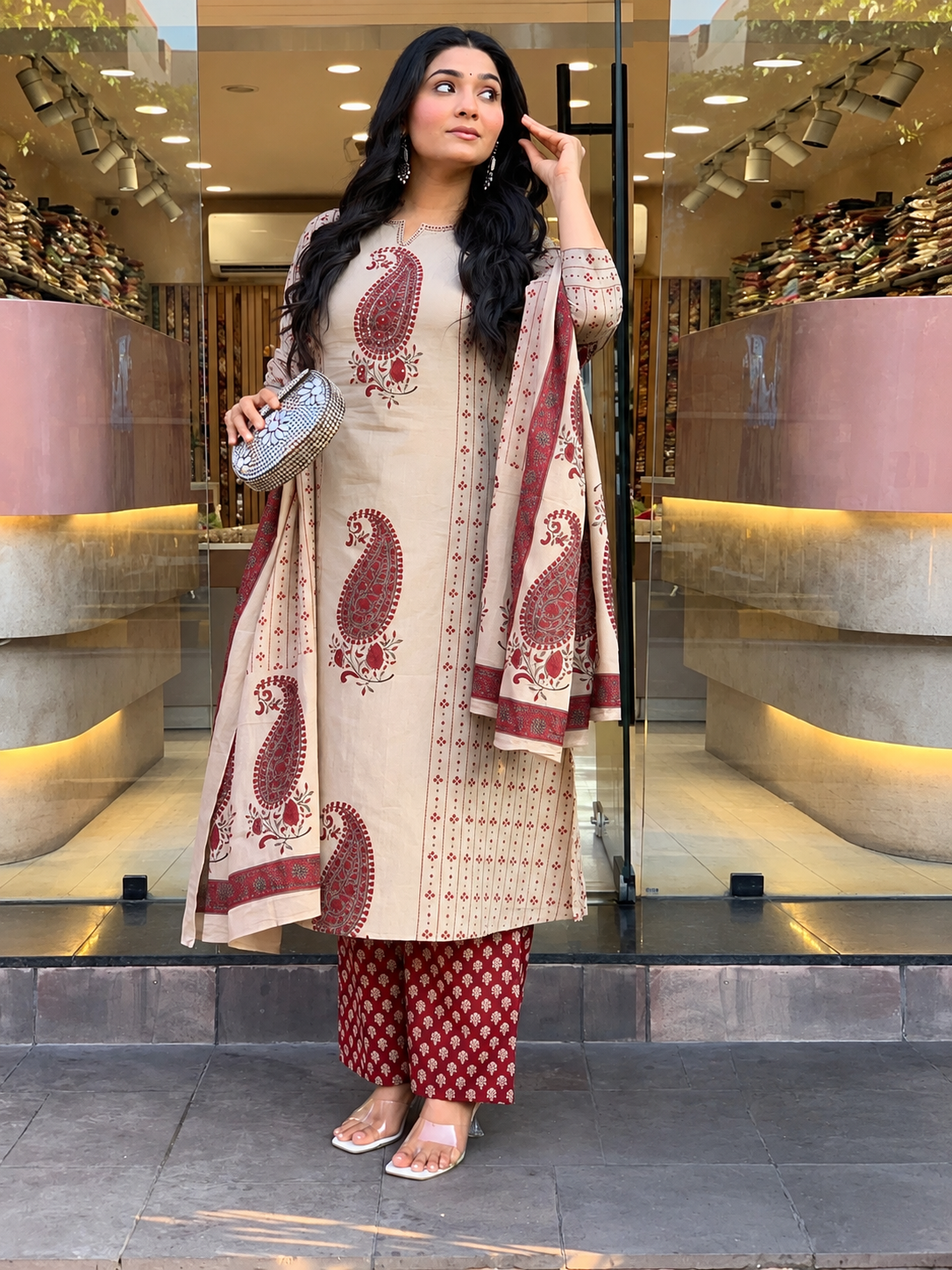 Beige & Maroon Paisley Printed Kurta Palazzo Dupatta Set