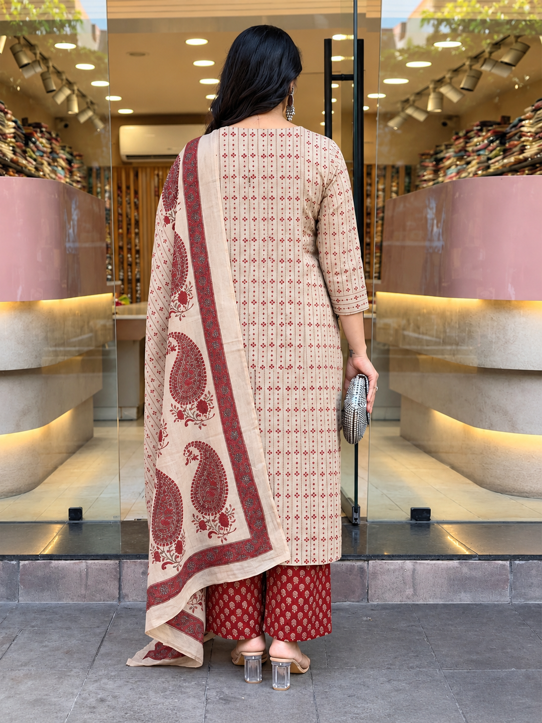 Beige & Maroon Paisley Printed Kurta Palazzo Dupatta Set