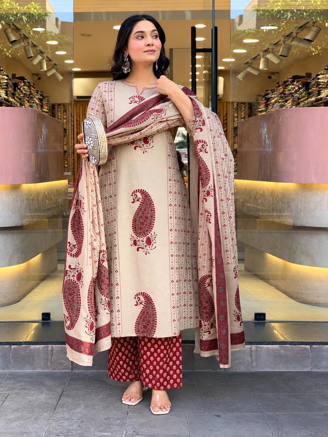 Beige & Maroon Paisley Printed Kurta Palazzo Dupatta Set