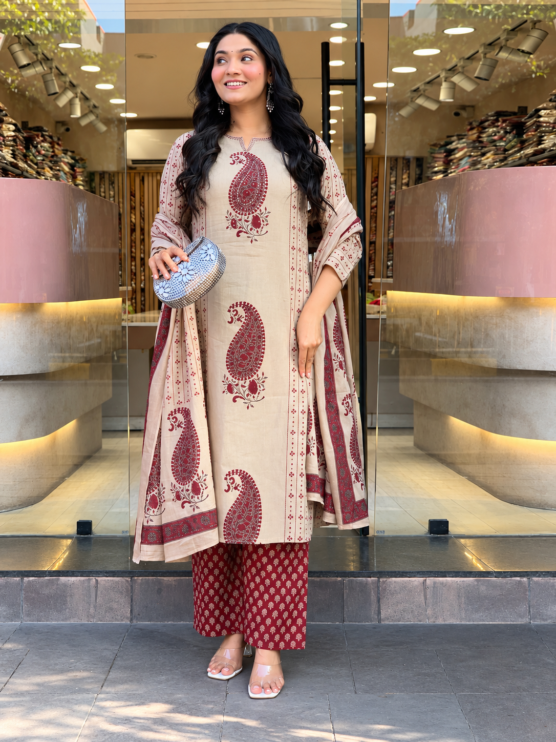 Beige & Maroon Paisley Printed Kurta Palazzo Dupatta Set