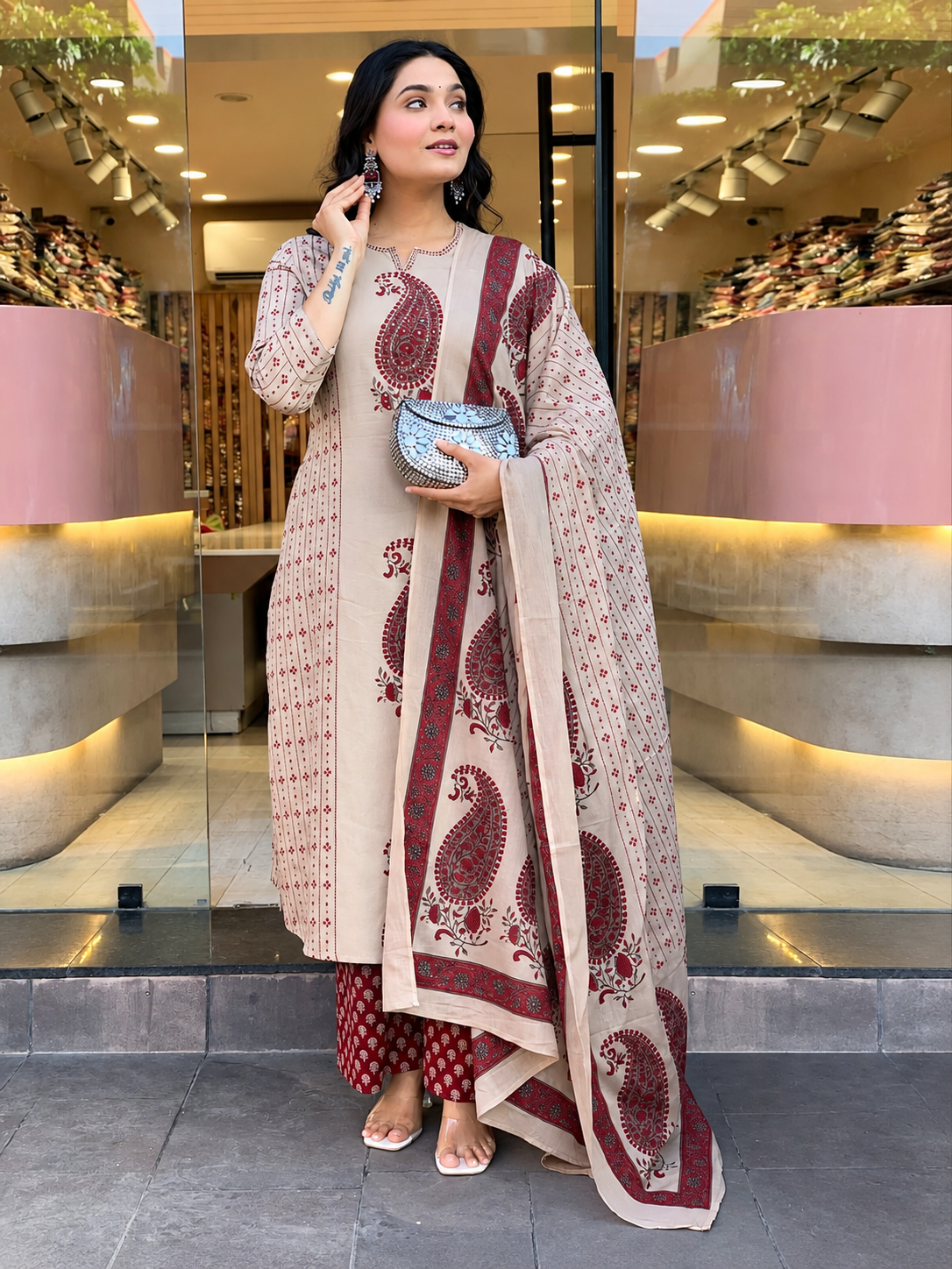 Beige & Maroon Paisley Printed Kurta Palazzo Dupatta Set