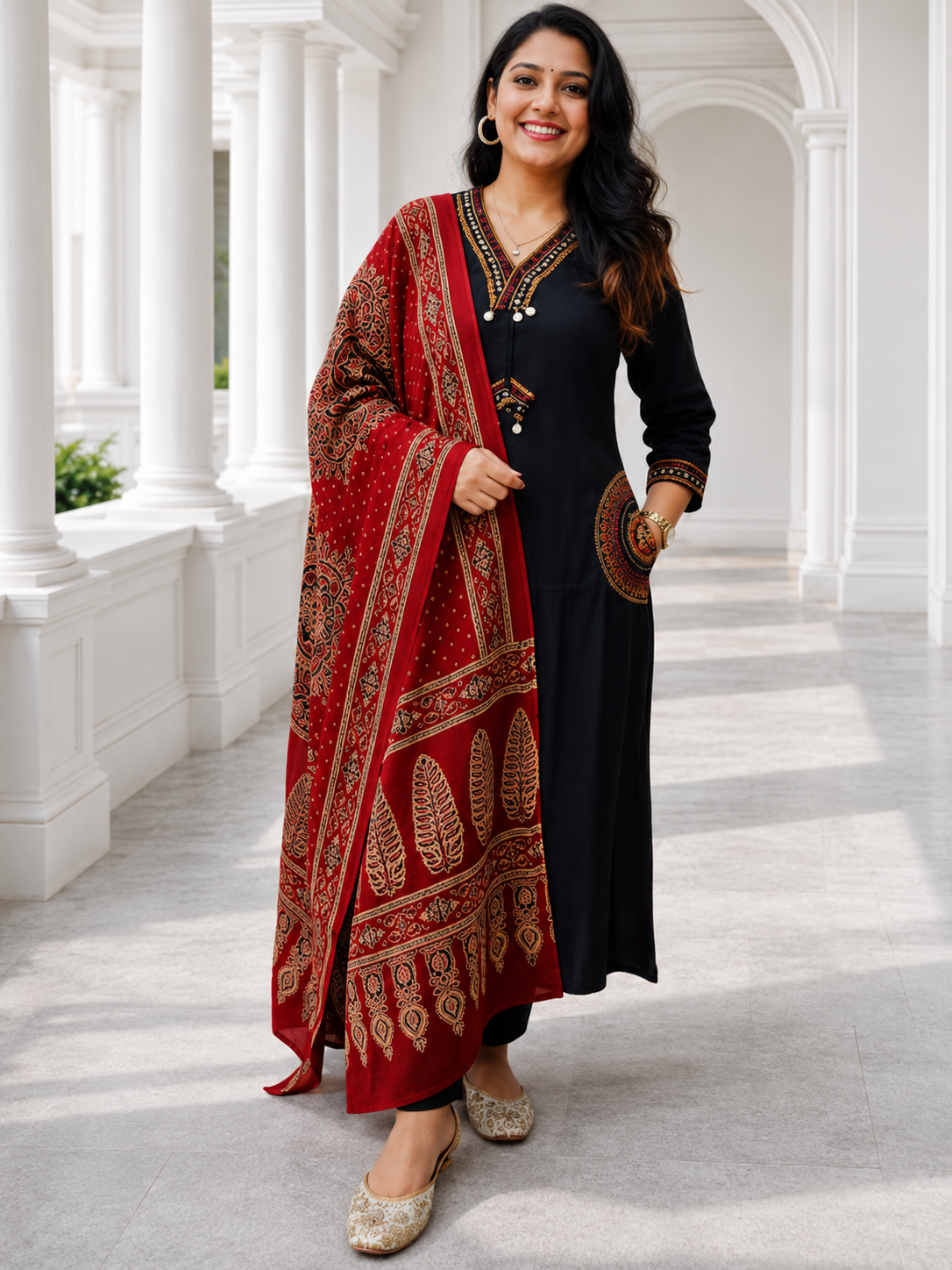 Elegant Black Embroidered Kurta Set with Maroon Traditional Printed Dupatta