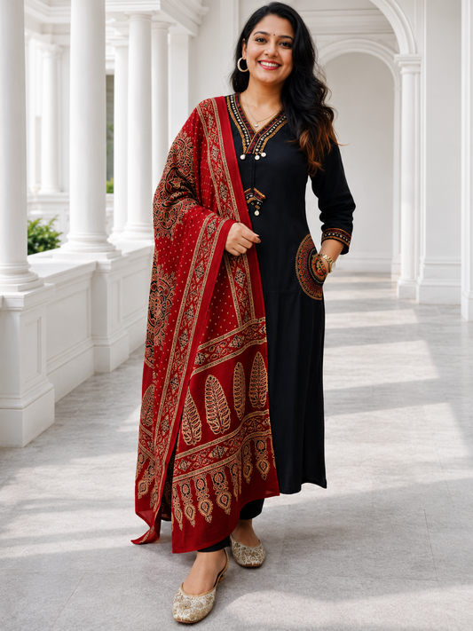 Elegant Black Embroidered Kurta Set with Maroon Traditional Printed Dupatta