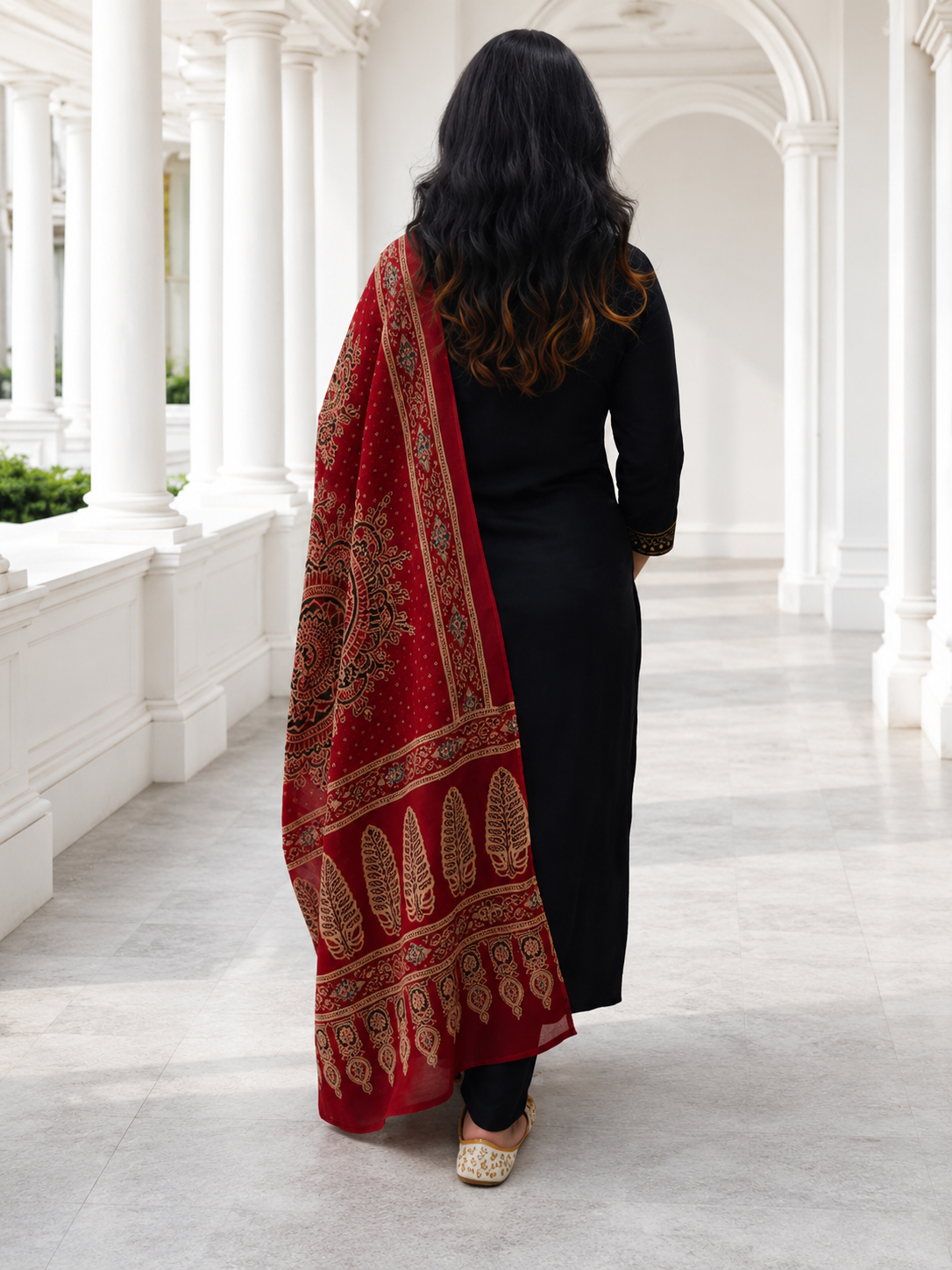 Elegant Black Embroidered Kurta Set with Maroon Traditional Printed Dupatta
