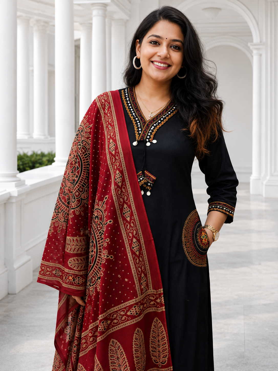 Elegant Black Embroidered Kurta Set with Maroon Traditional Printed Dupatta