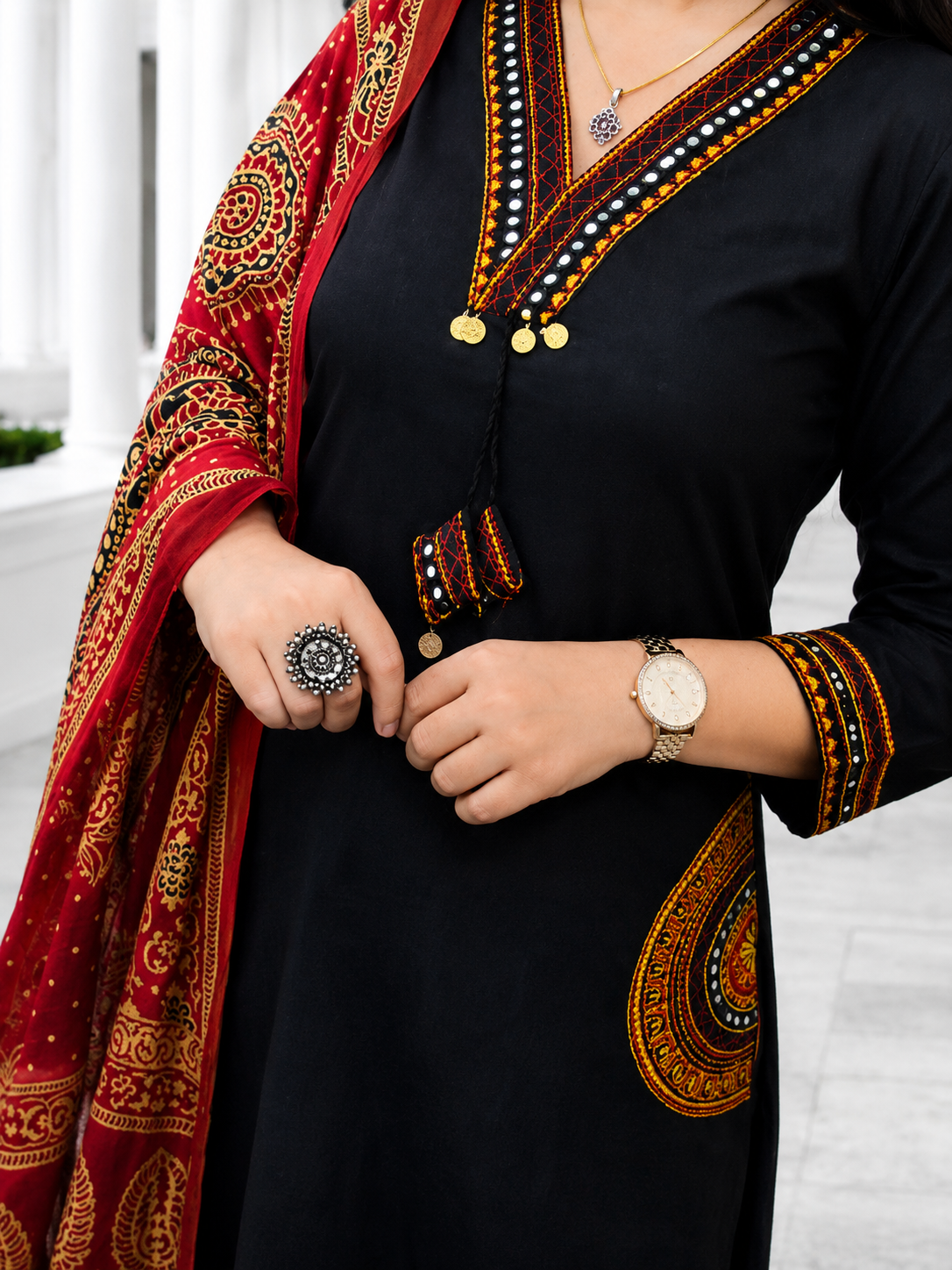 Elegant Black Embroidered Kurta Set with Maroon Traditional Printed Dupatta