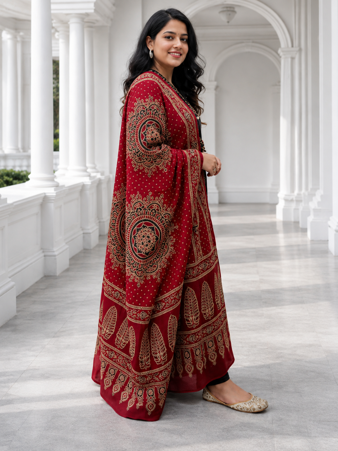 Elegant Black Embroidered Kurta Set with Maroon Traditional Printed Dupatta