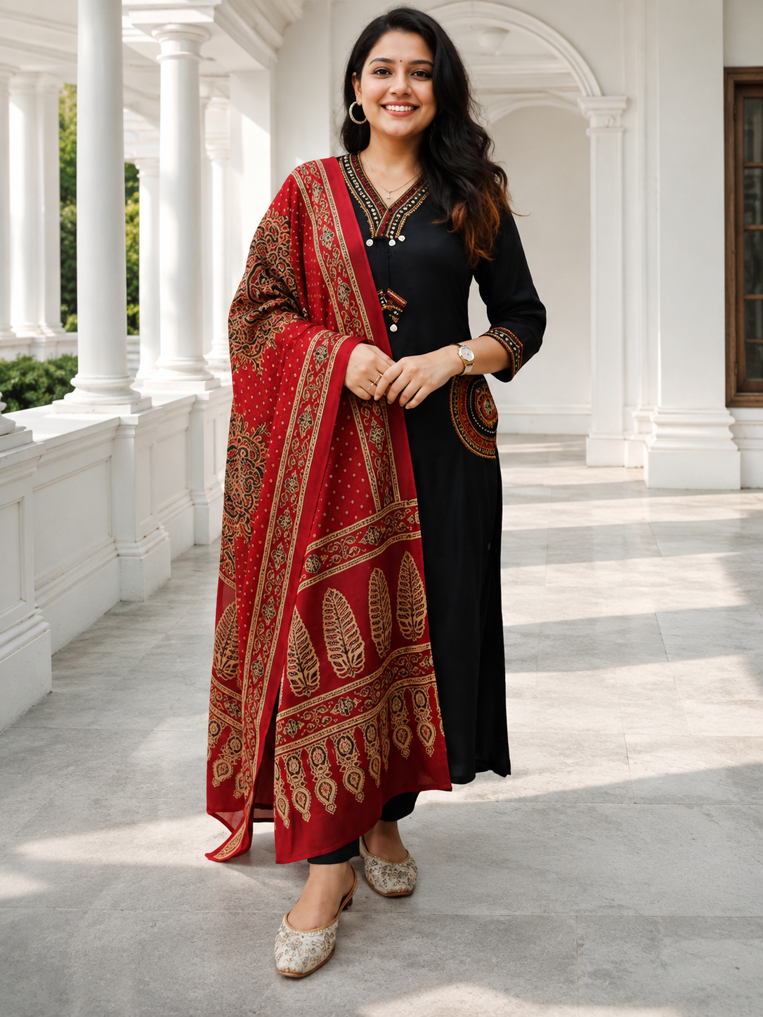Elegant Black Embroidered Kurta Set with Maroon Traditional Printed Dupatta