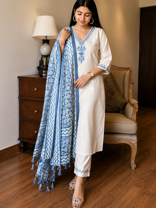 Ivory Blue Embroidered Kurta Pant Set with Printed Dupatta