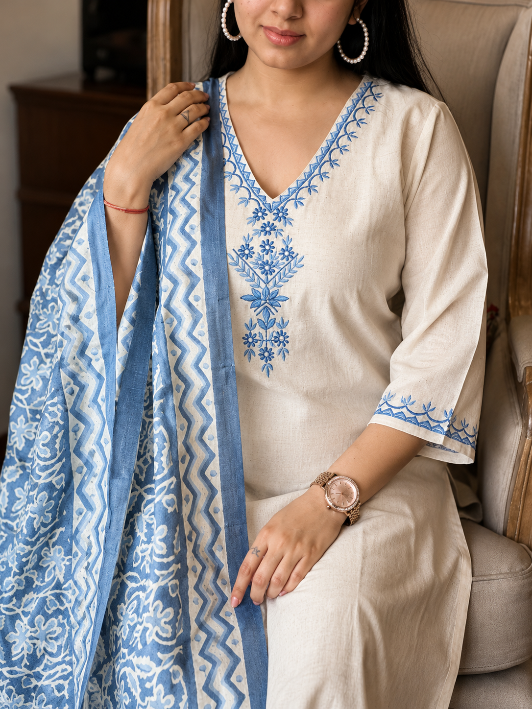 Ivory Blue Embroidered Kurta Pant Set with Printed Dupatta