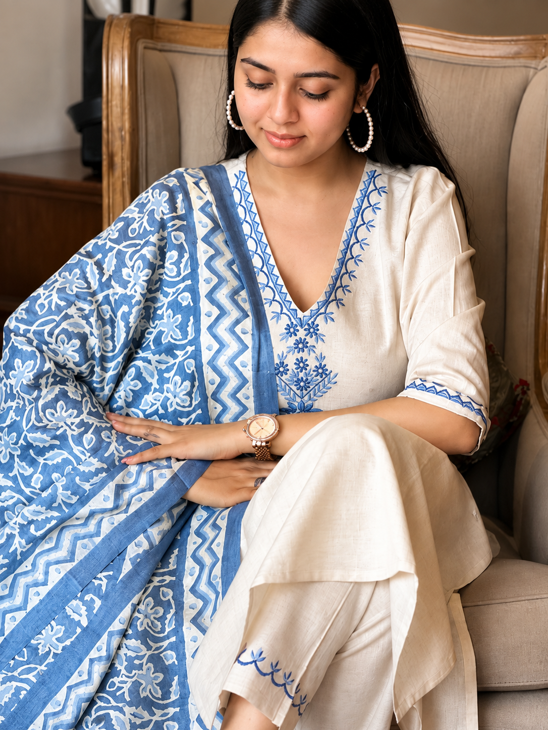 Ivory Blue Embroidered Kurta Pant Set with Printed Dupatta