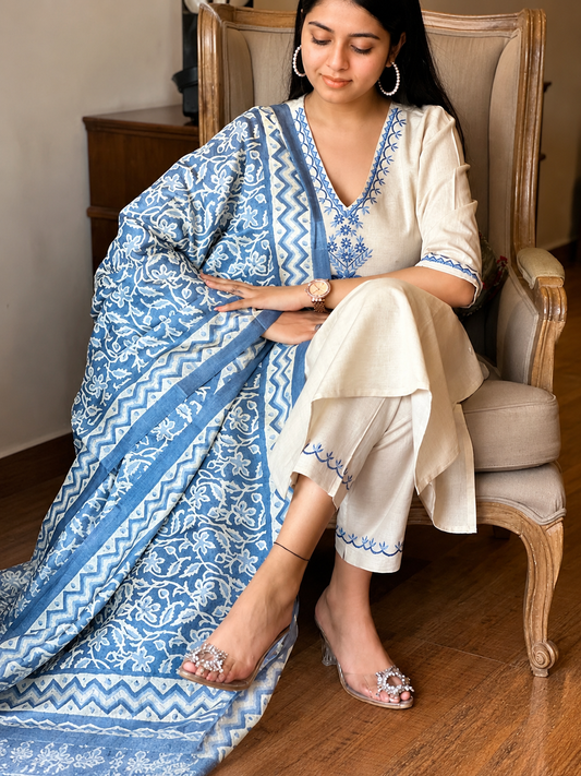 Ivory Blue Embroidered Kurta Pant Set with Printed Dupatta