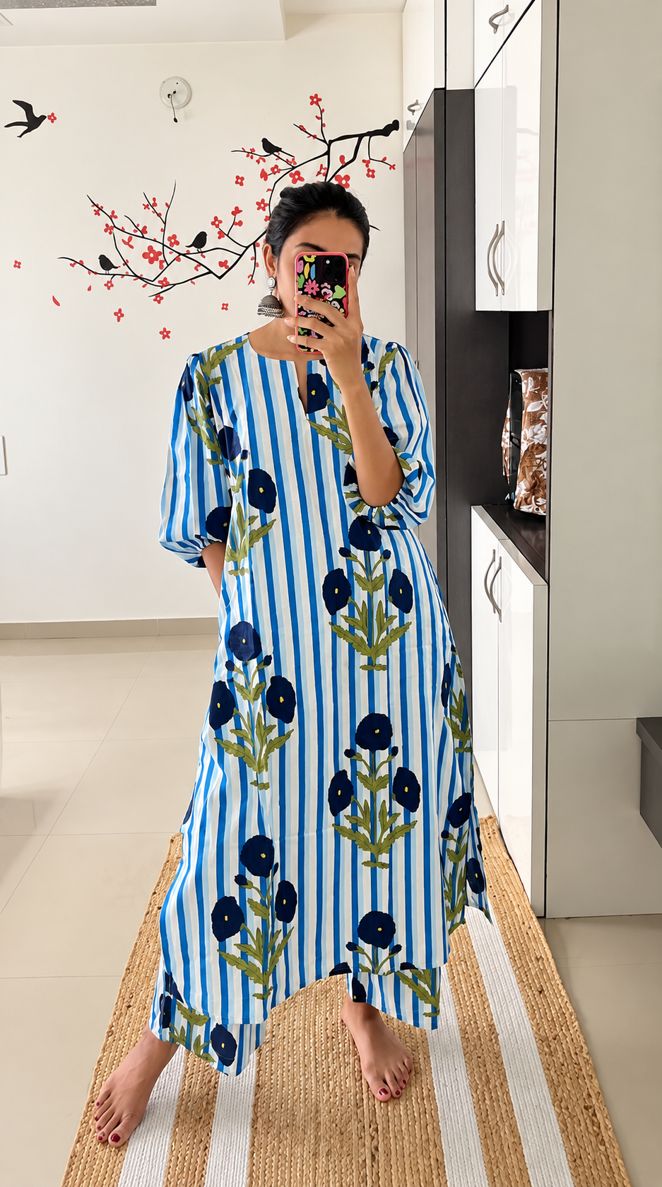 Neel Blue Striped Floral Kurta Set