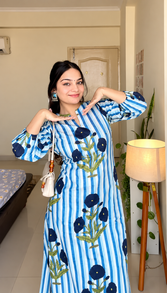 Neel Blue Striped Floral Kurta Set